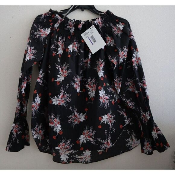 Adan Lippes Women's Sz M Black Floral Print Off-the-Shoulder Poplin Top $1,919 - Picture 1 of 7
